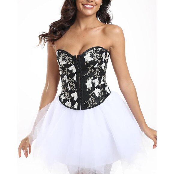 Women Black Floral  Lace Up Boned Overbust Corset Top Bustier Lingerie Bodysuit - Picture 4 of 6